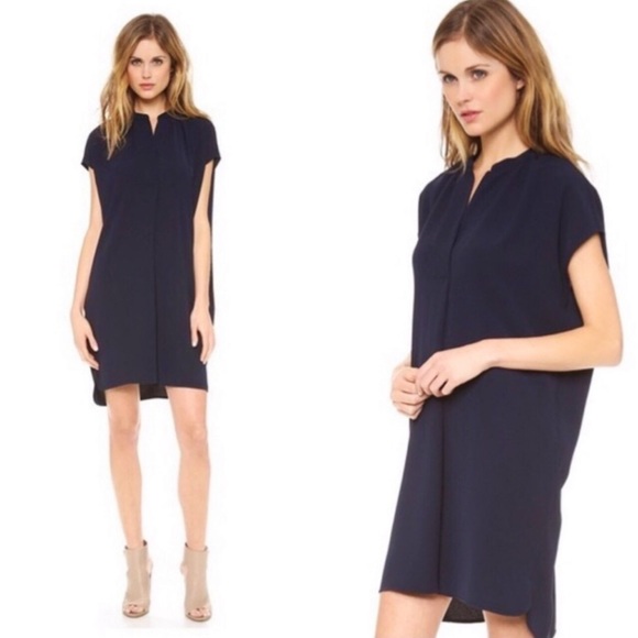 Vince Popover Shift Tunic Hi Low Mini Dress Cap Sleeves Navy Blue S - Picture 1 of 6